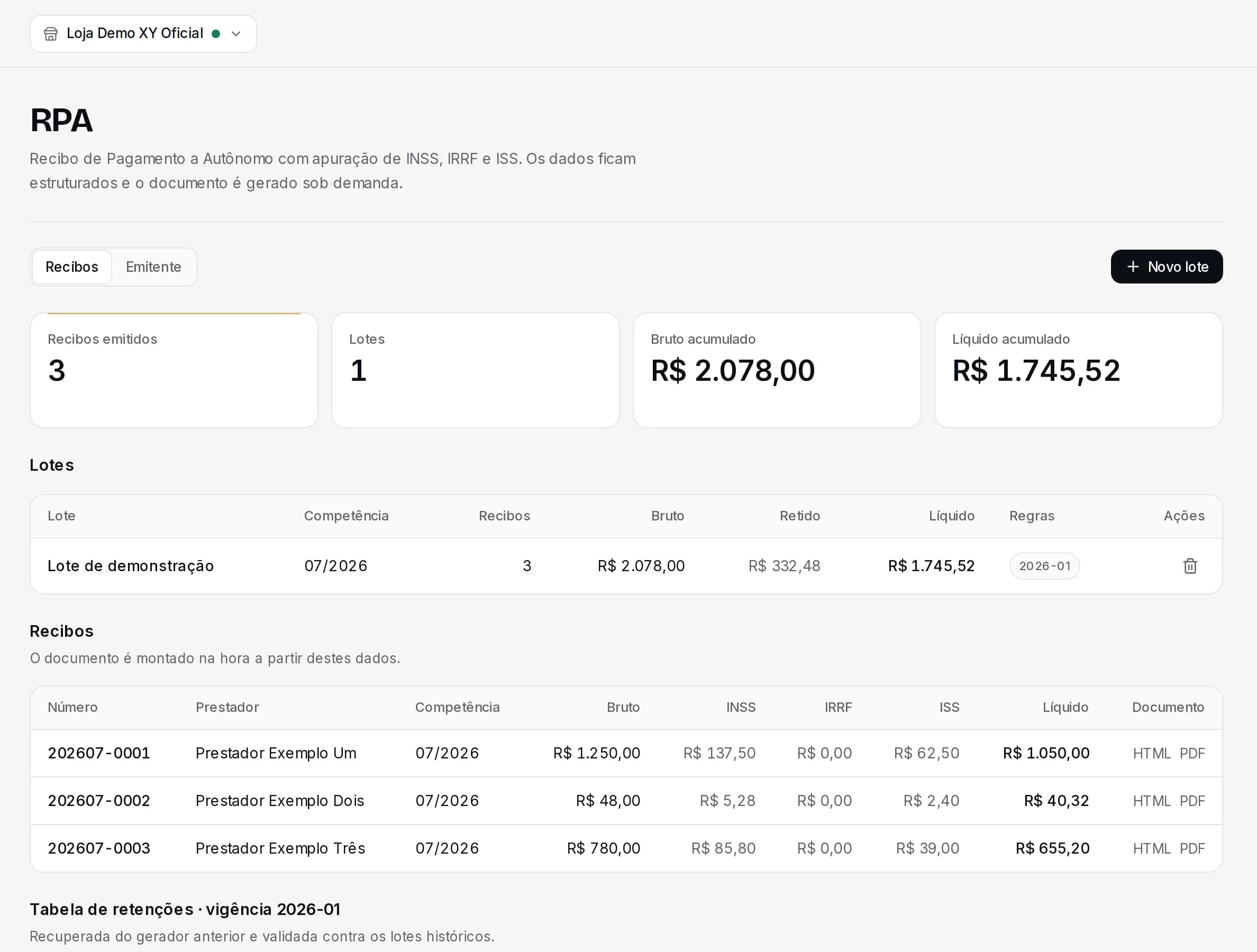 Tela RPA: lote de recibos com bruto, INSS, IRRF, ISS e líquido de cada prestador